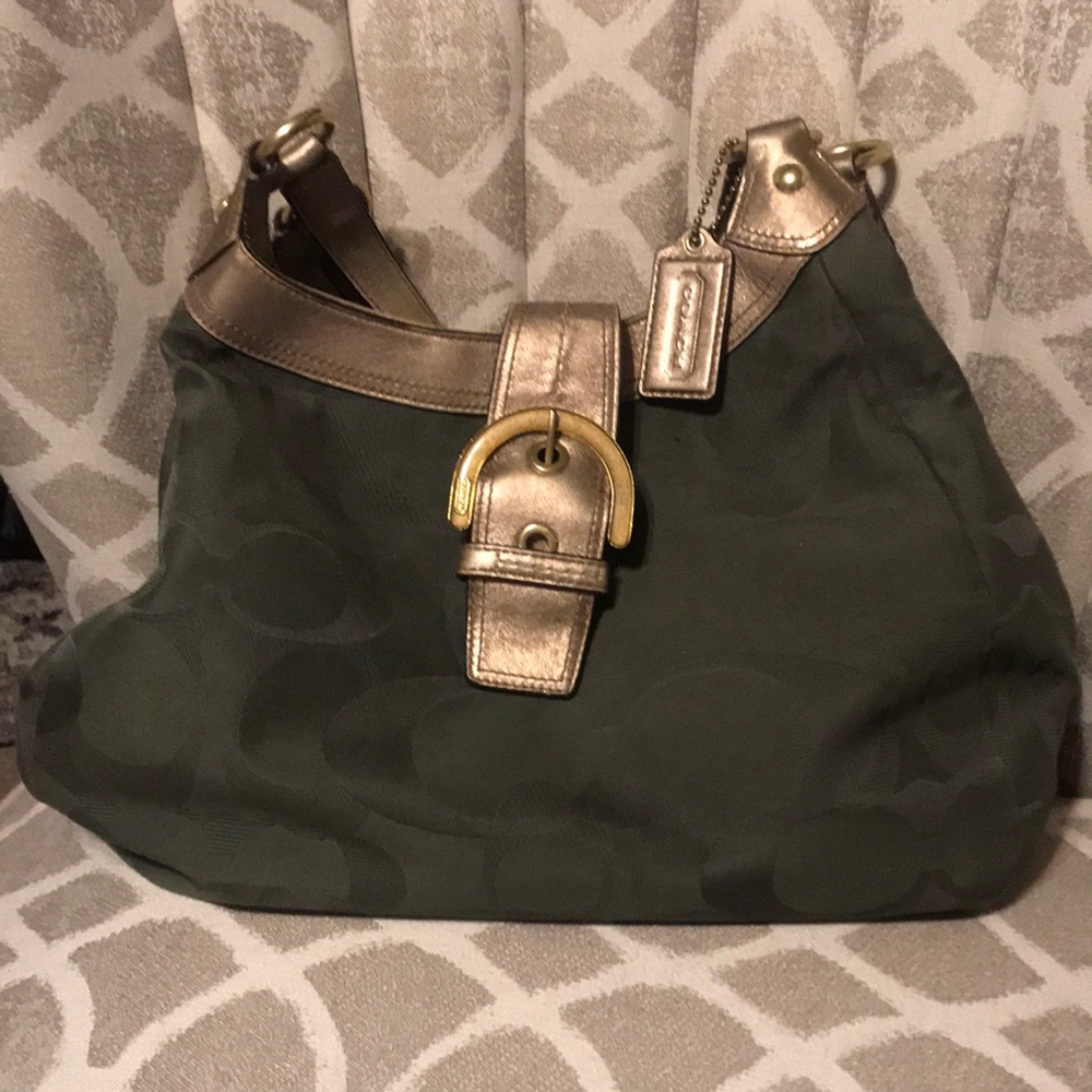 Coach bag- green fabric and gold leather & buckle